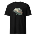 A black short-sleeve crewneck t-shirt featuring a graphic print of a military helmet with the text 'BORN TO KILL' in white, set against a plain white background.