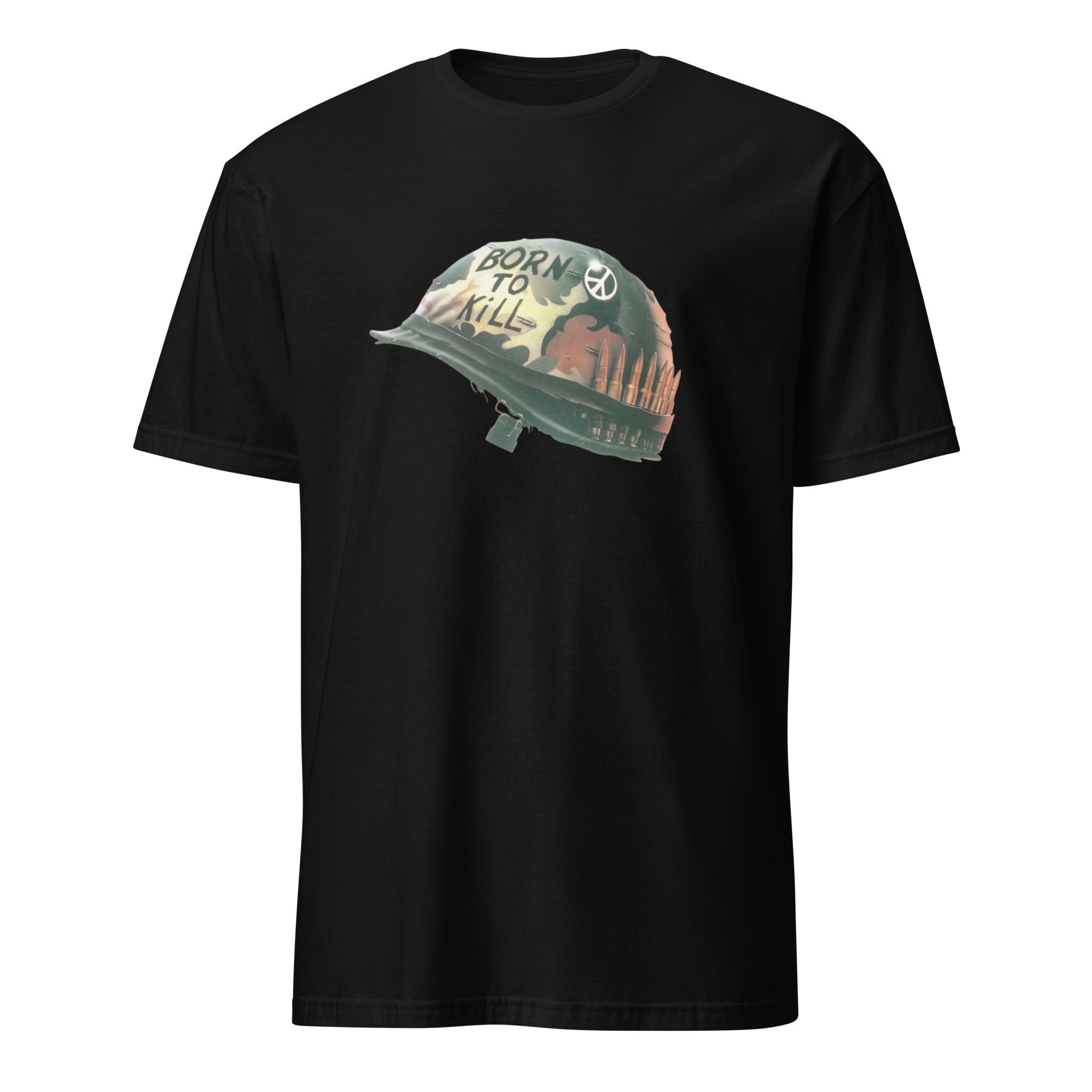 A black short-sleeve crewneck t-shirt featuring a graphic print of a military helmet with the text 'BORN TO KILL' in white, set against a plain white background.