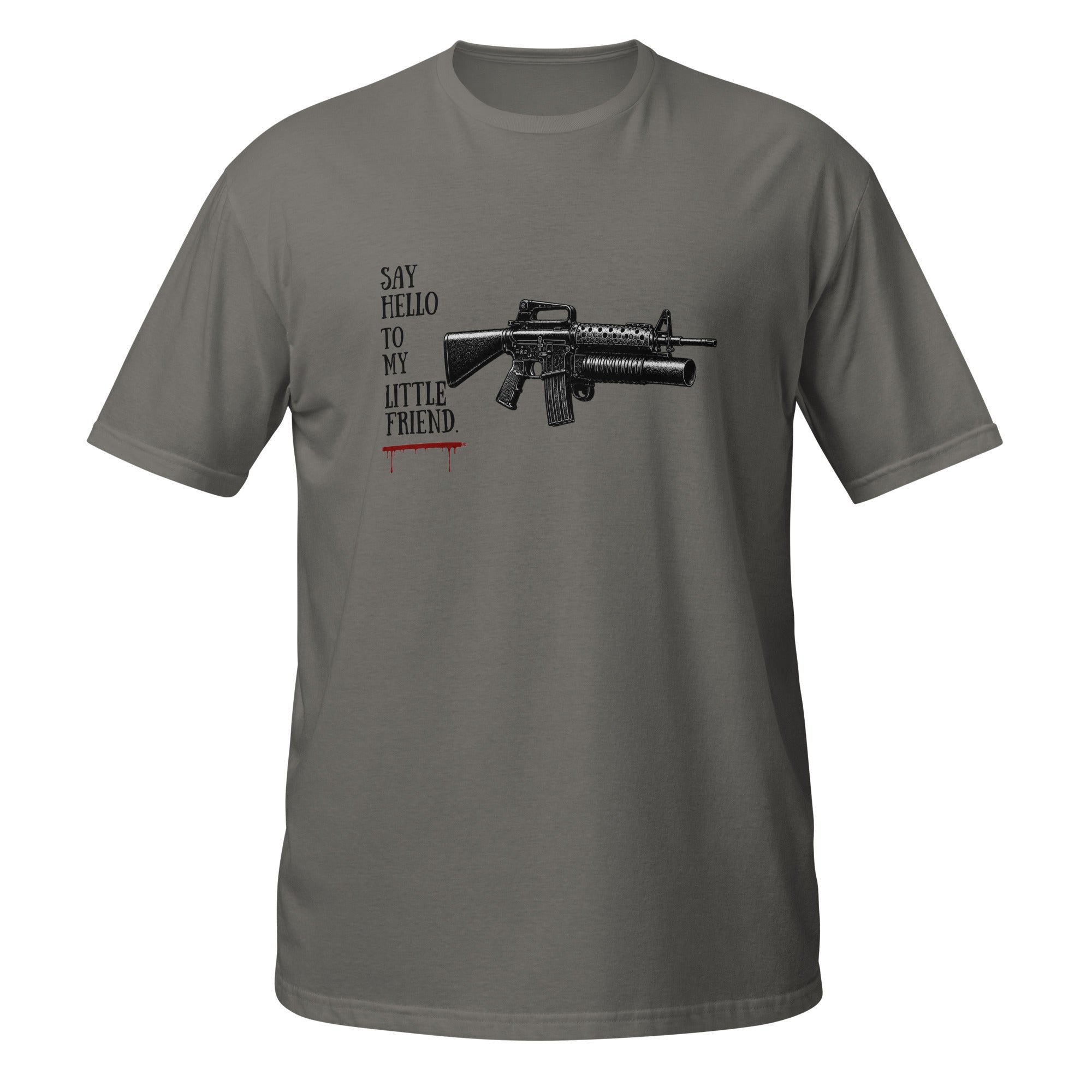 Charcoal t-shirt with 'Breathe then decide' text and yoga pose graphic on a white background