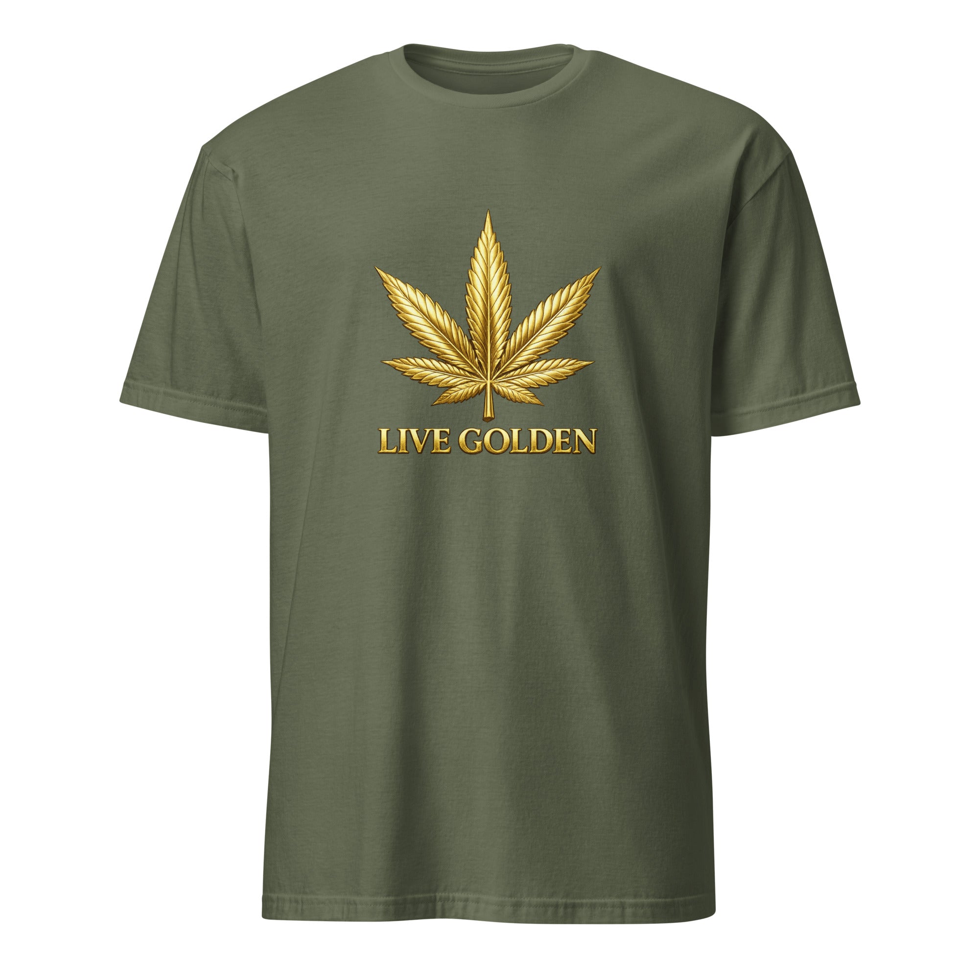 An military green short-sleeve t-shirt with a metallic gold cannabis leaf graphic and the text 'LIVE GOLDEN' printed on the chest, displayed against a solid white background.